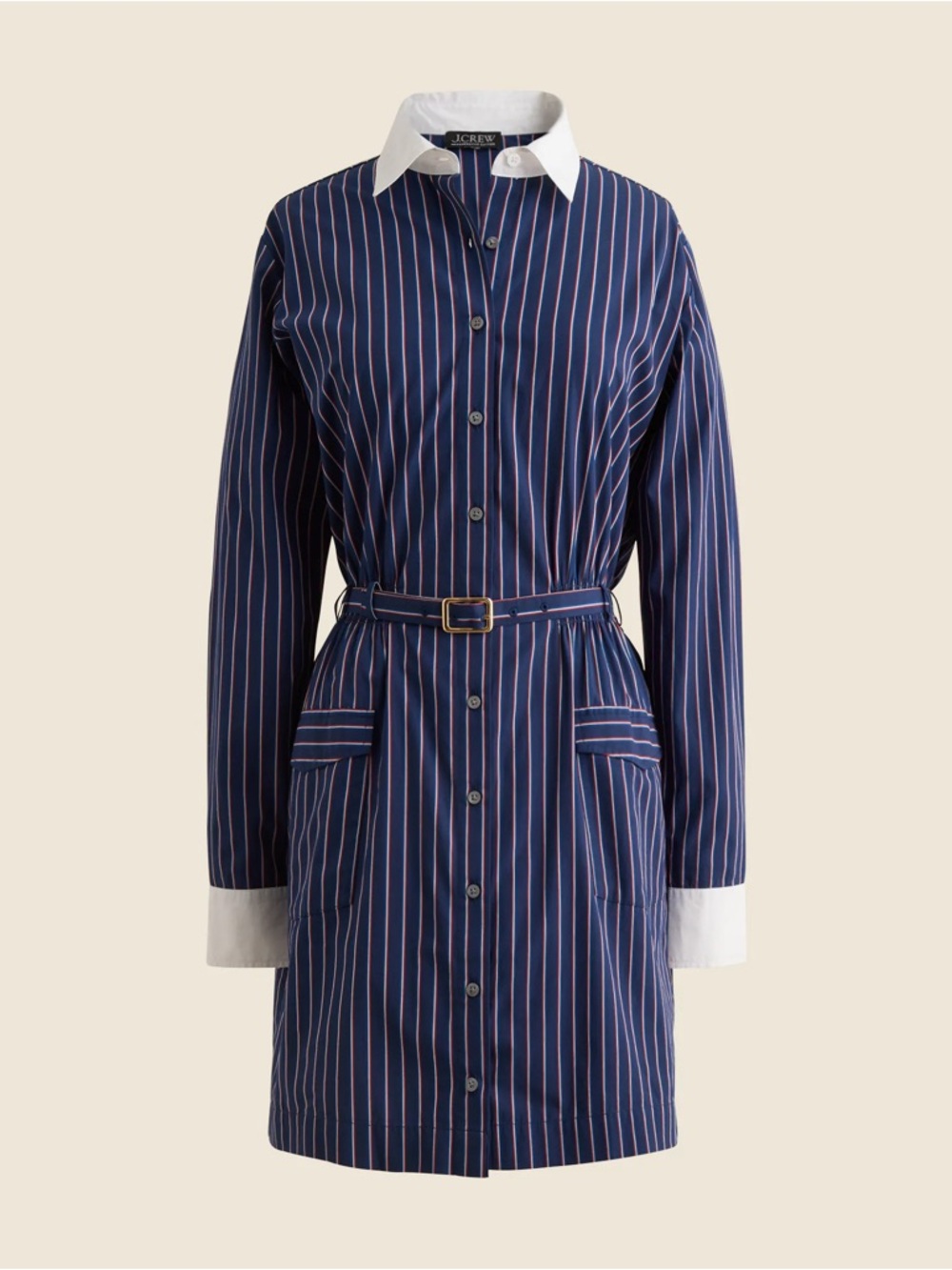 J. Crew Navy Pinstripe Shirt Dress with White Collar and Cuffs